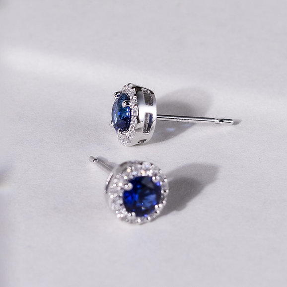 Blue Sapphire Halo Diamond Earrings