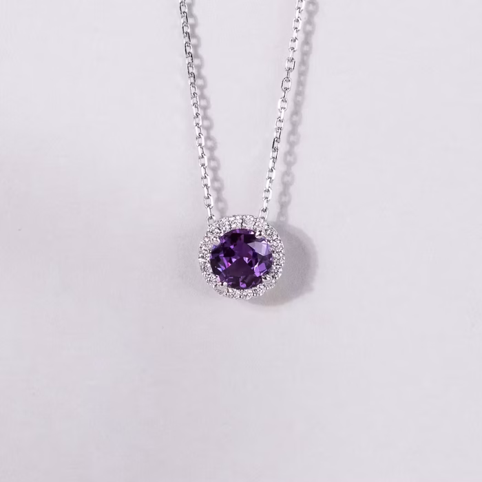 Purple Sapphire Halo Diamond Pendant