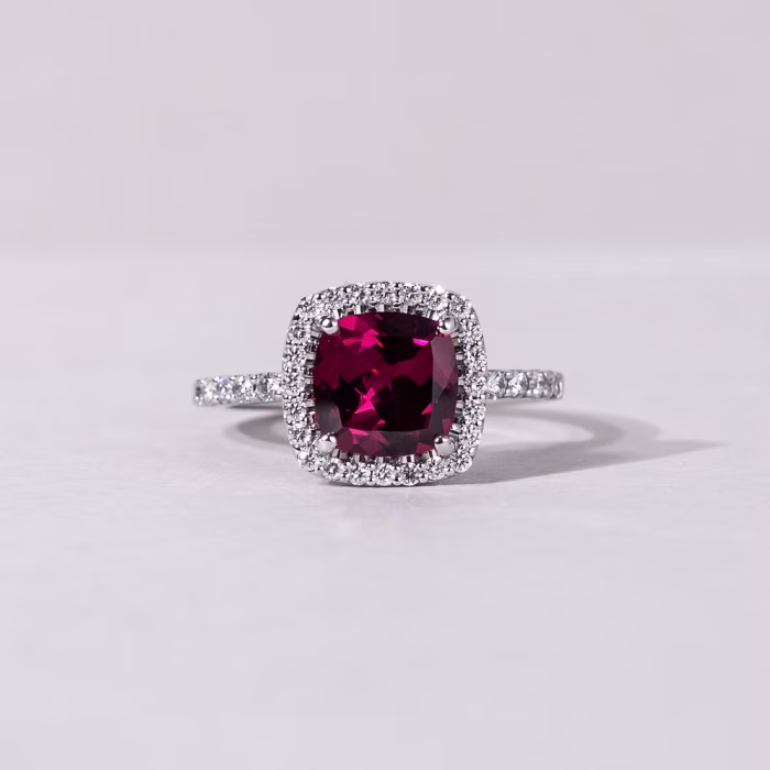Rhodolite Garnet Halo Diamond Ring