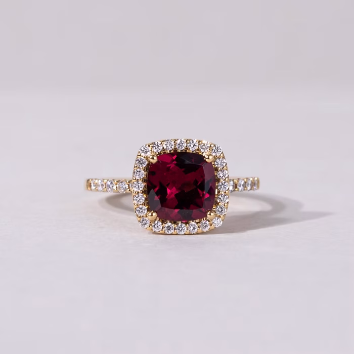 Rhodolite Garnet Halo Diamond Ring